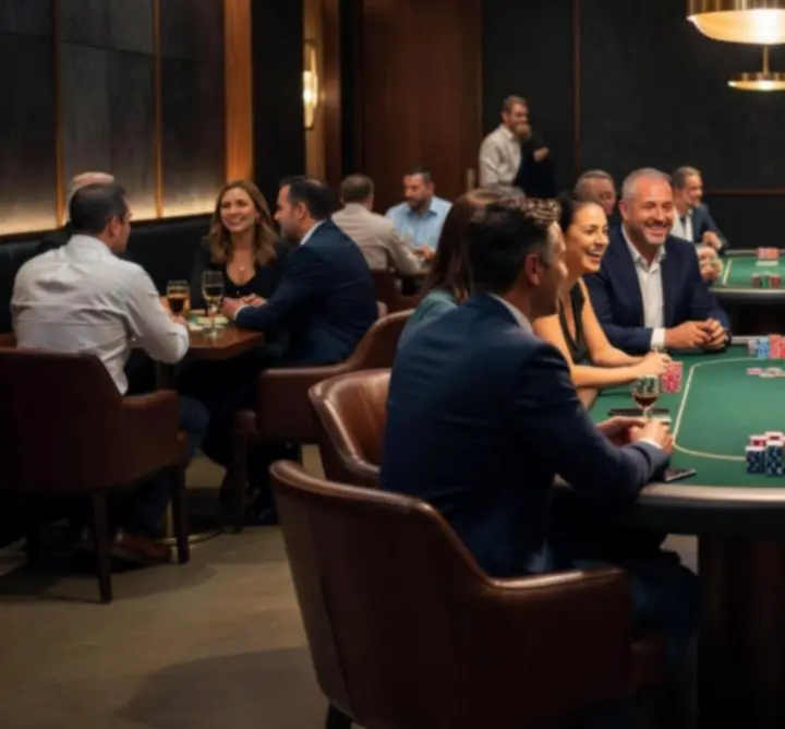 Atmosferă de sală modernă de poker la Carpat Quest, cu lumini ambientale și mese profesionale.