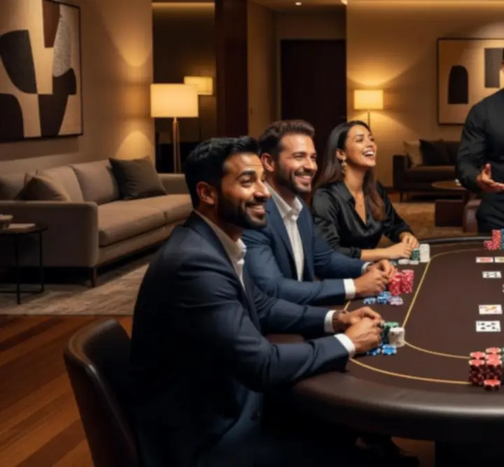 Eveniment privat de poker la Carpat Quest, cu grup de prieteni la o masă modernă.