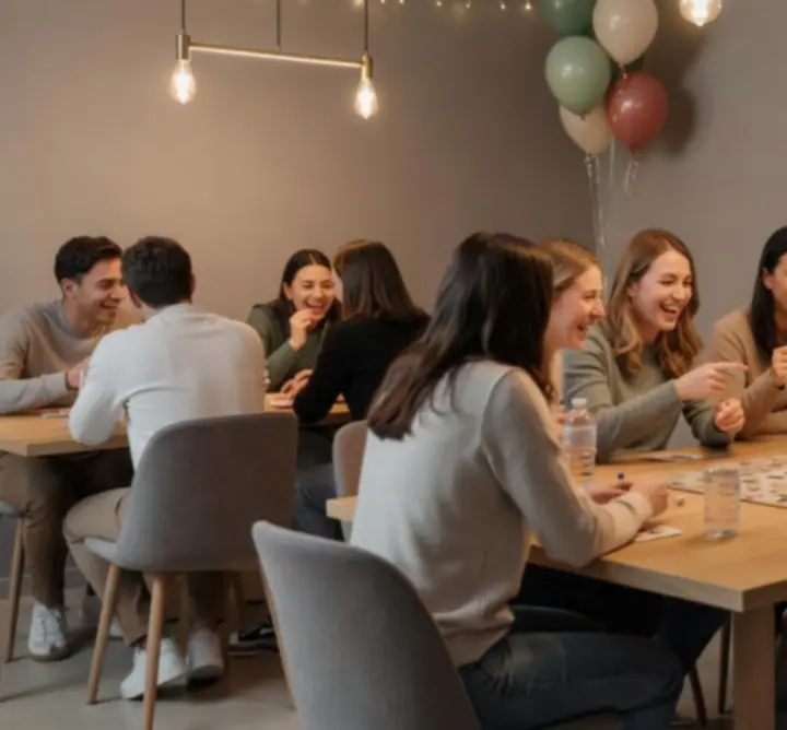 Grup de prieteni sărbătorind într-un spațiu indoor modern