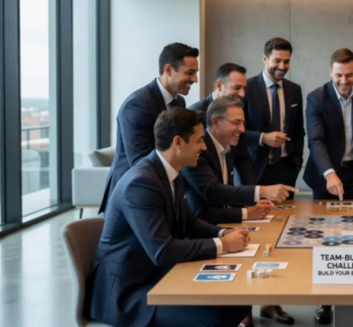 Echipă corporate participând la jocuri de strategie într-un spațiu modern