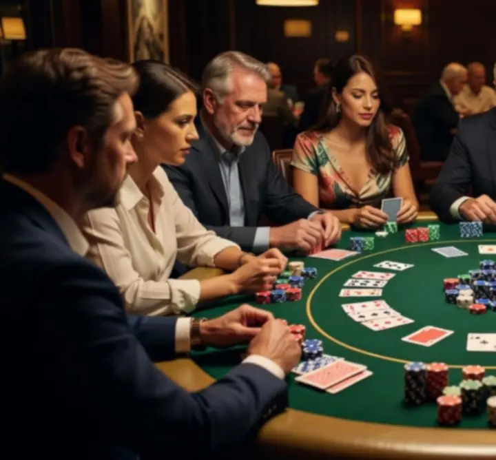 Mese de poker offline într-un spațiu dedicat, cu jucători concentrați și atmosferă socială
