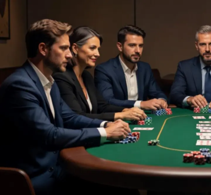 Masa de poker Carpat Quest cu jucători concentrați și atmosferă modernă
