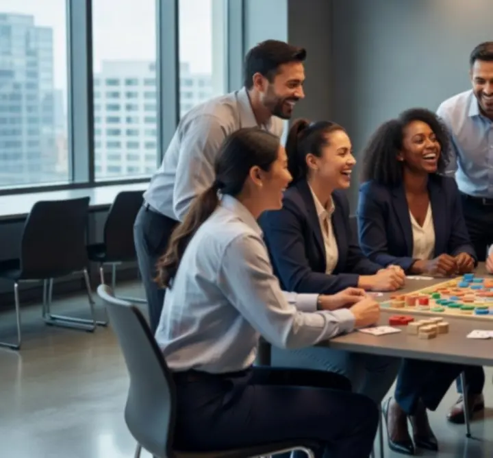 Echipă corporativă la un eveniment de team-building într-un spațiu modern