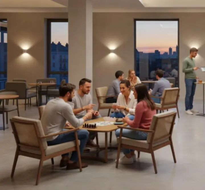 Zona lounge Carpat Quest cu atmosferă modernă și spațiu pentru jocuri de grup